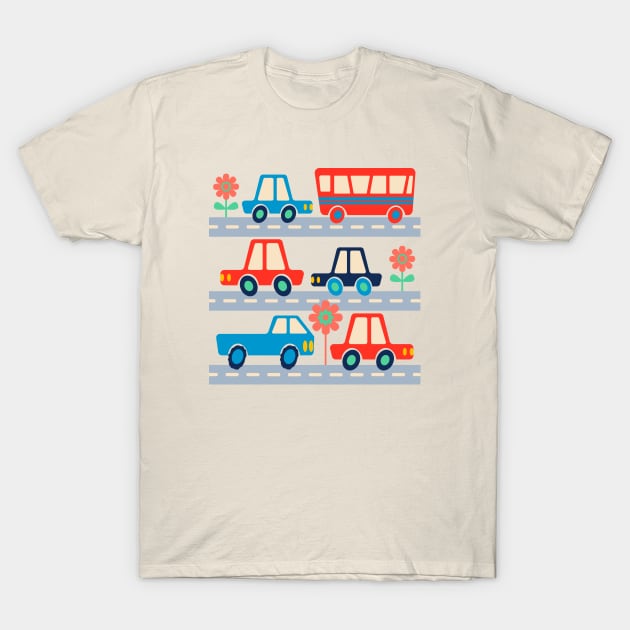 RUSH HOUR Retro Kids Traffic Transportation Vehicles Cars Trucks Bus on Roads - UnBlink Studio by Jackie Tahara T-Shirt by UnBlink Studio by Jackie Tahara